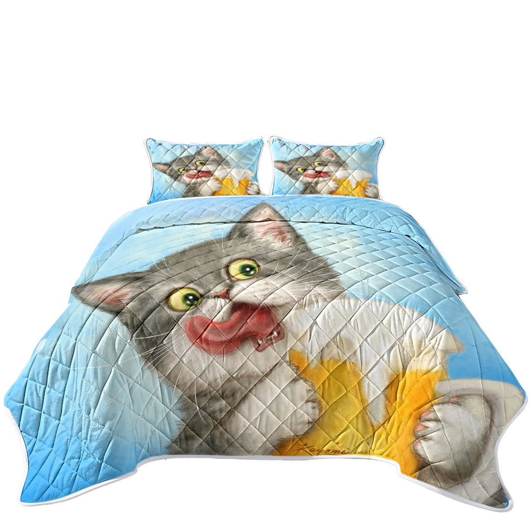 Funny Cats Art Crazy for Beer Grey Kitten Quilts for sale