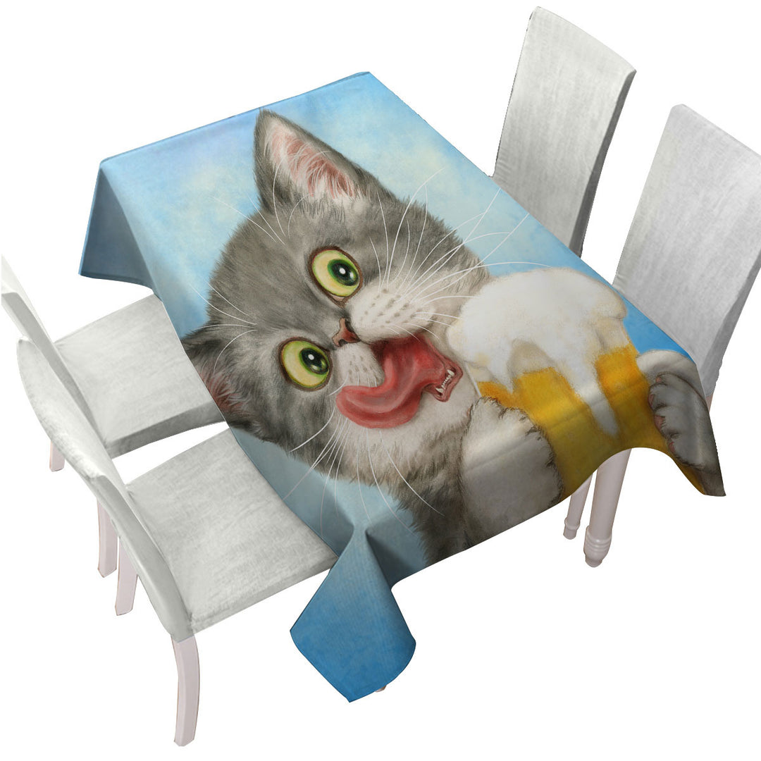 Funny Cats Art Crazy for Beer Grey Kitten Tablecloth