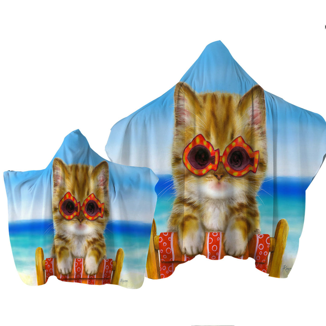 Funny Cats Ginger Tabby Kitten at the Beach Hooded Beach Towel