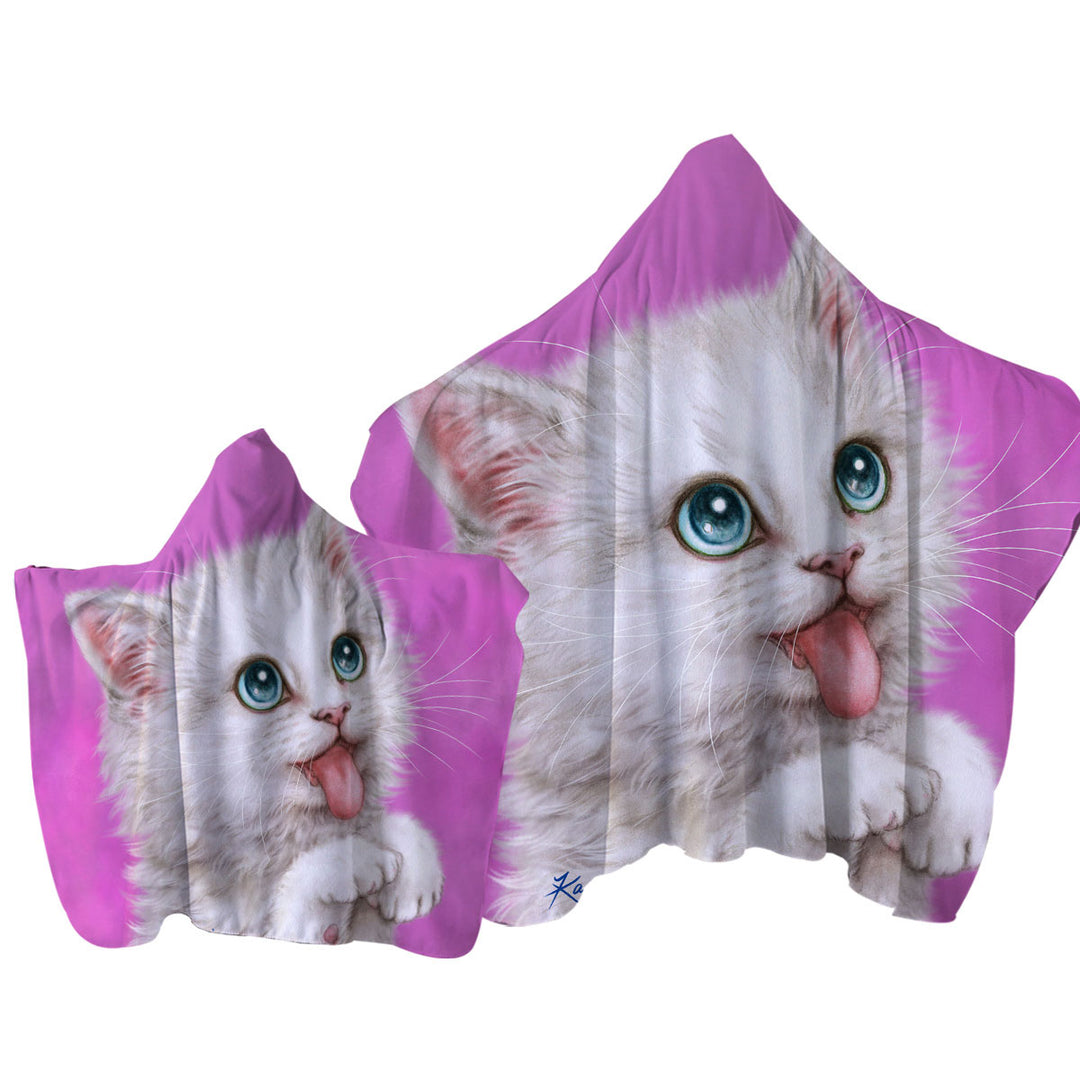 Funny Cats Hungry White Kitty Cat over Pink Hooded Beach Towel