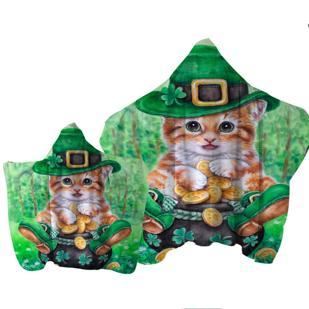 Funny Cats Irish Green Leprechaun Ginger Kitten Hooded Beach Towel