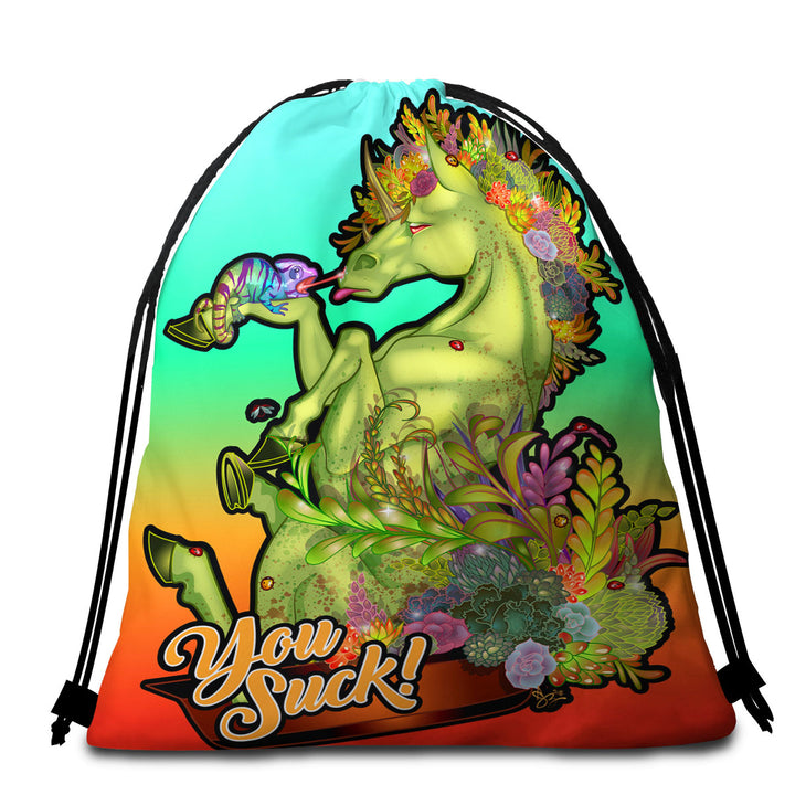 Funny Chameleon and Rudicorn Quote Beach Bags and Towels