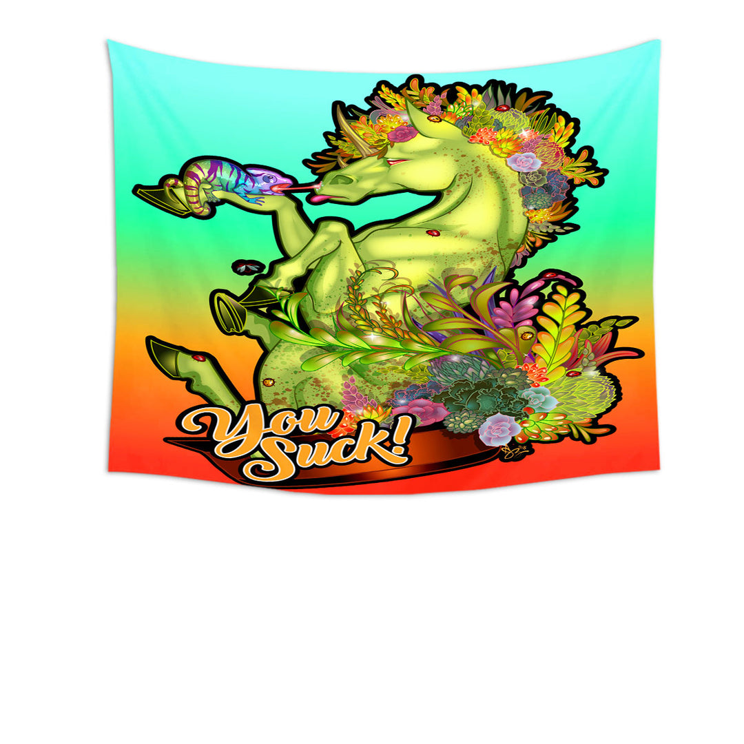 Funny Chameleon and Rudicorn Quote Wall Tapestry