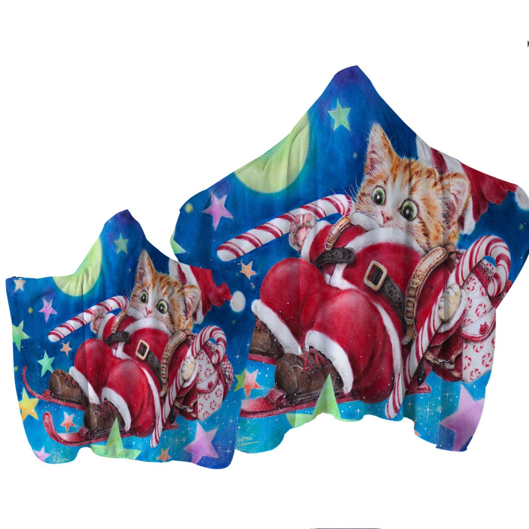 Funny Christmas Cats Skiing Kitten Santa Hooded Beach Towel