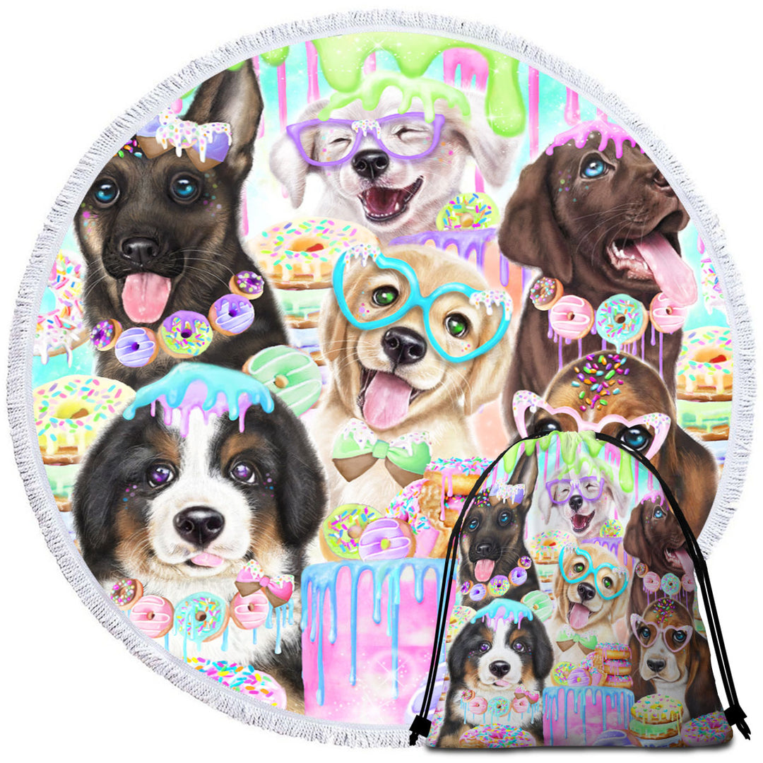 Funny Circle Beach Towel Dog Colorful Doggies and Donuts