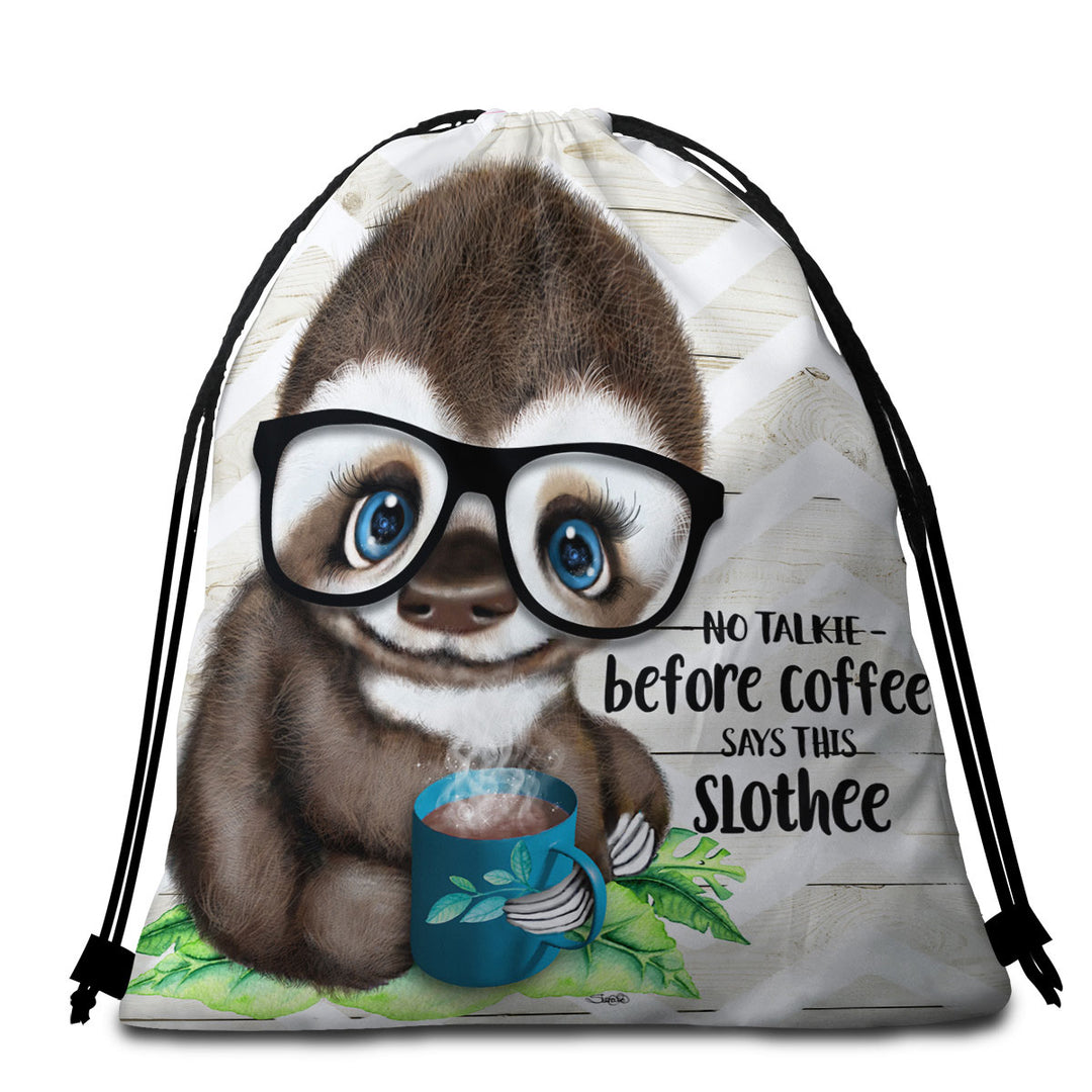 Funny Cool Quote Coffee Sloth Beach Towel Bags