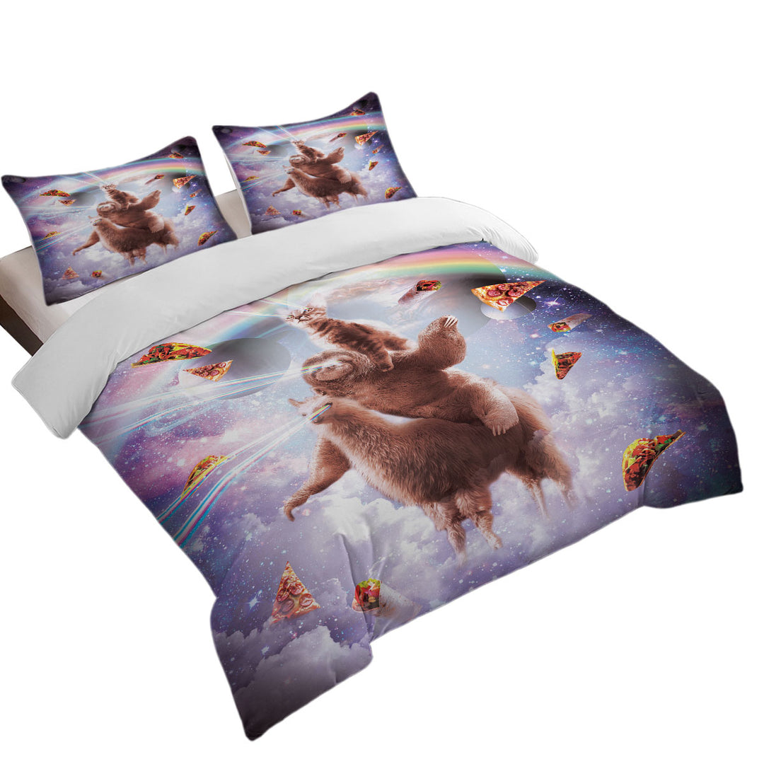 Funny Crazy Art Space Cat Riding a Sloth Riding a Llama Duvet Cover