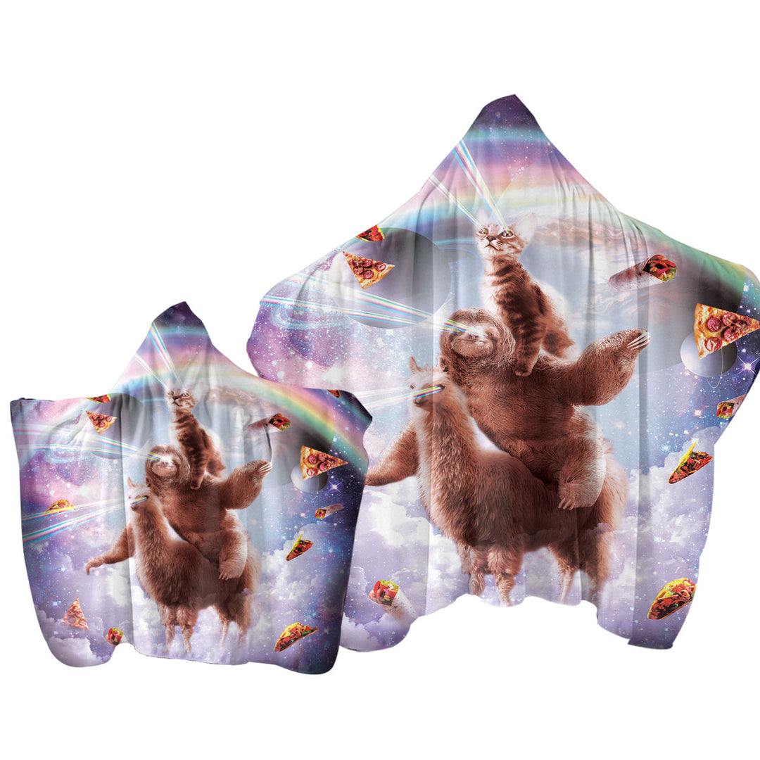 Funny Crazy Art Space Cat Riding a Sloth Riding a Llama Hooded Beach Towel