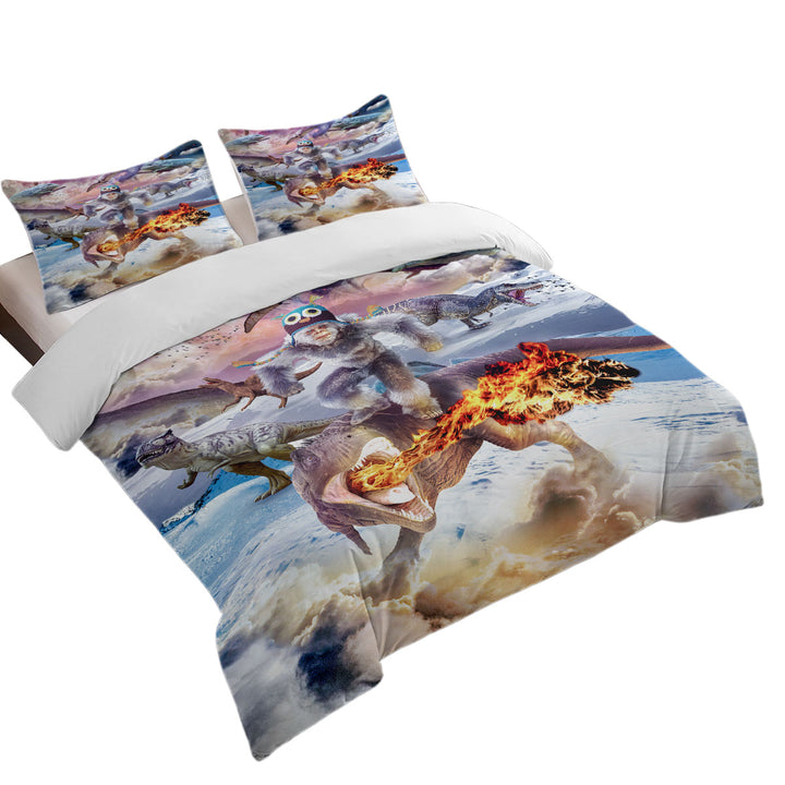 Funny Crazy Bigfoot Yeti Sasquatch Riding Dinosaur California King Duvet Cover