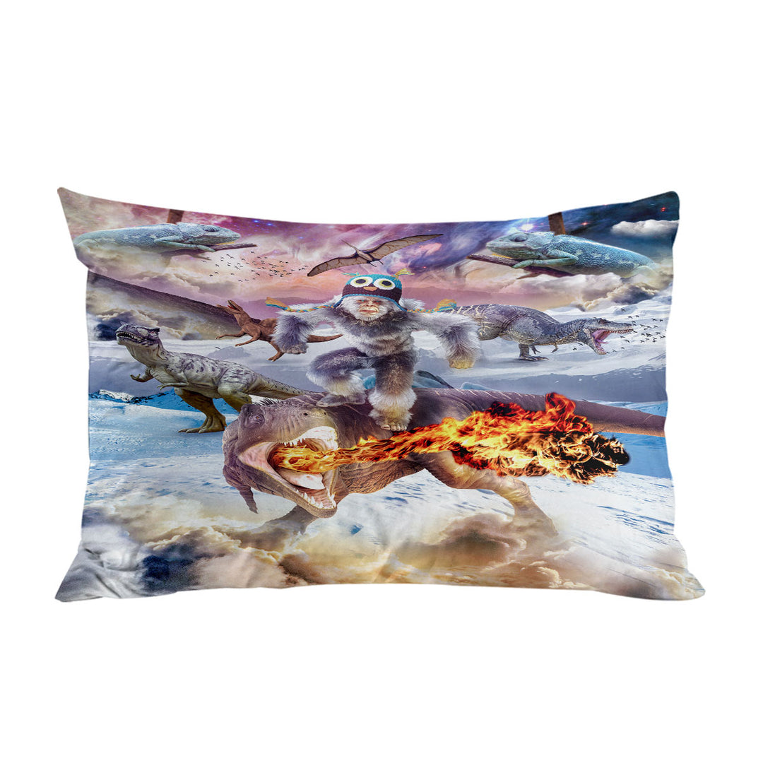 Funny Crazy Bigfoot Yeti Sasquatch Riding Dinosaur Pillow Cases