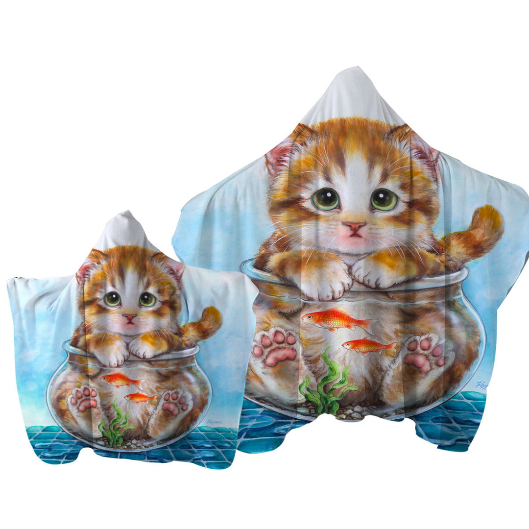 Funny Cute Cats Design Ginger Kitten in Fish Bowl Hooded Beach Towel