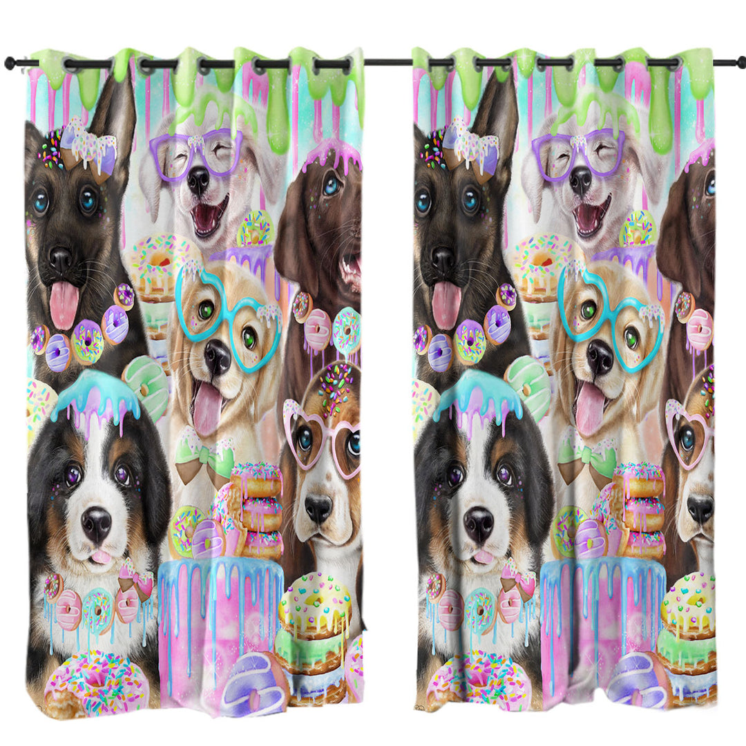 Funny Dog Colorful Doggies and Donuts Drapes for Living Room