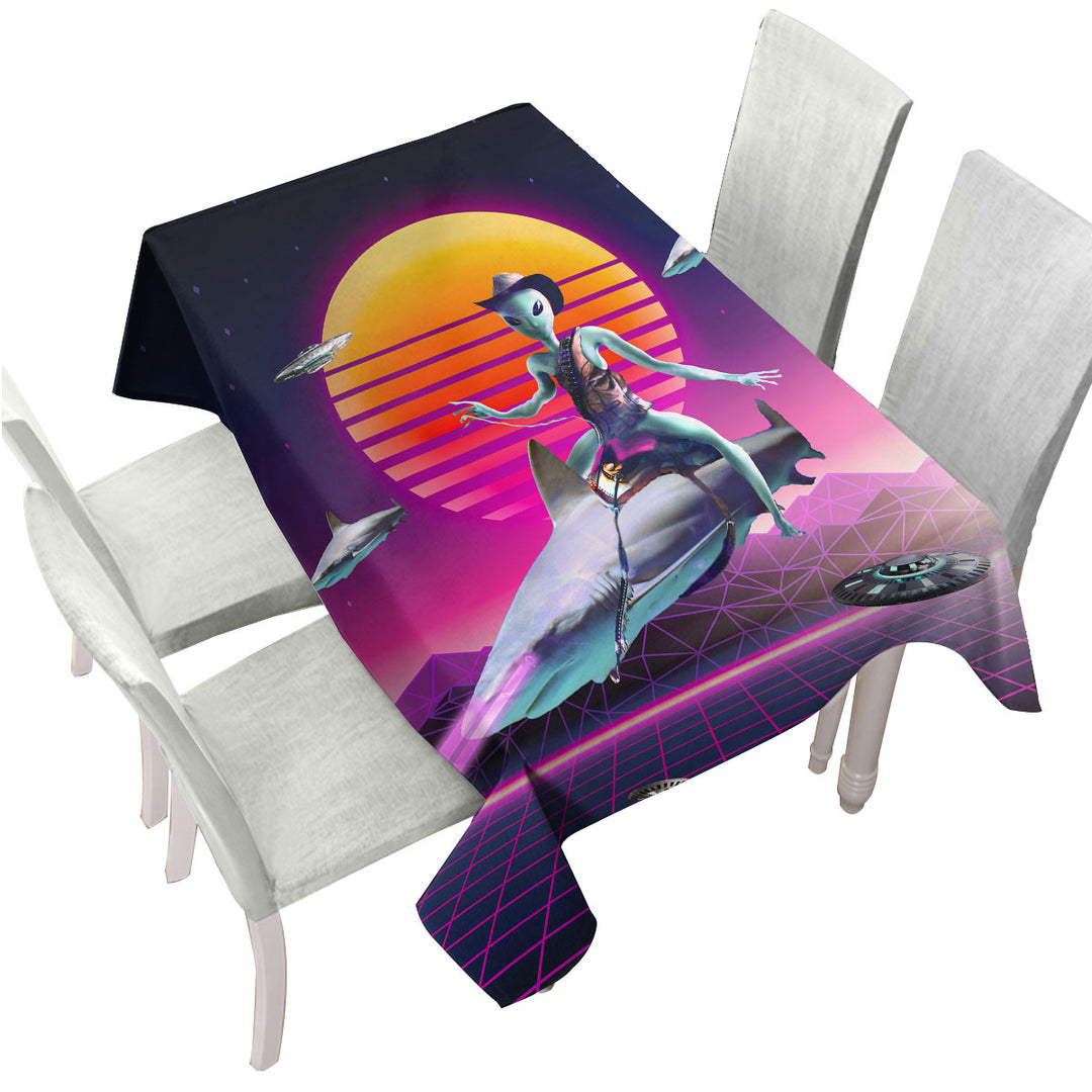 Funny Fiction Art Cowboy Space Alien Riding Shark Custom table Covers