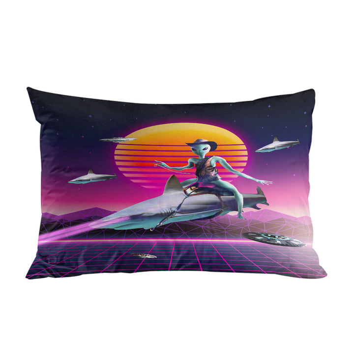 Funny Fiction Art Cowboy Space Alien Riding Shark Pillowcase