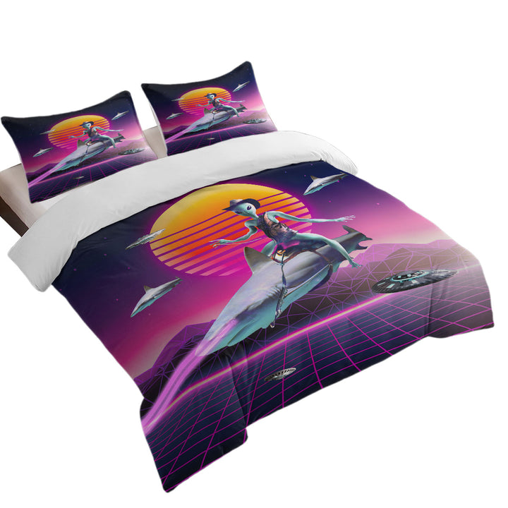 Funny Fiction Art Cowboy Space Alien Riding Shark Queen Size Duvet Cover