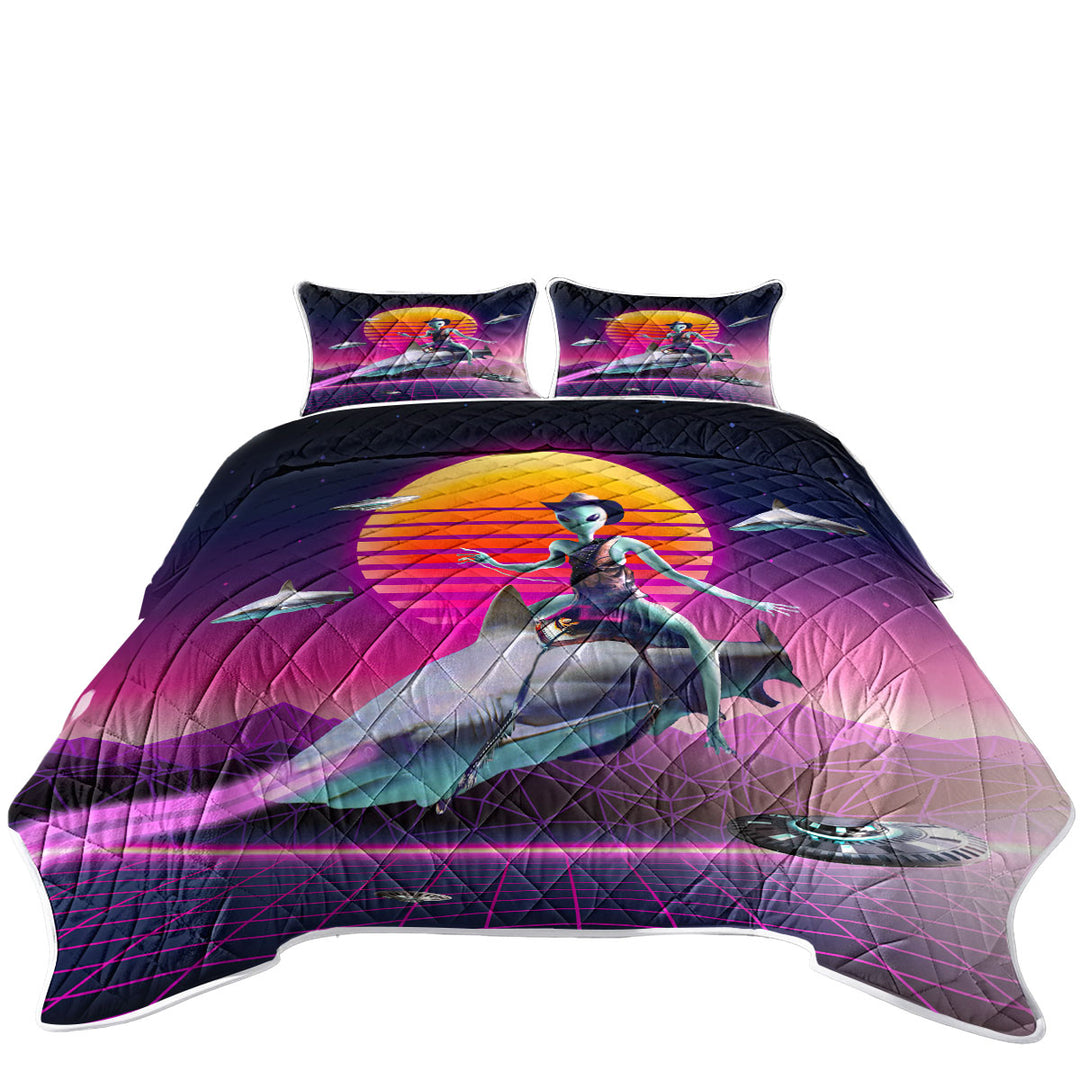 Funny Fiction Art Cowboy Space Alien Riding Shark Quilts