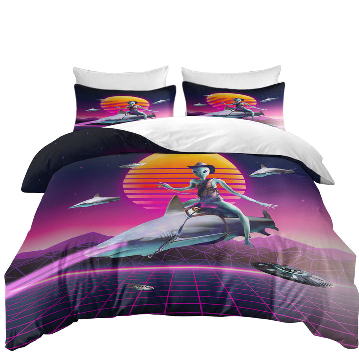 Funny Fiction Art Cowboy Space Alien Riding Shark Twin Duvet Covers