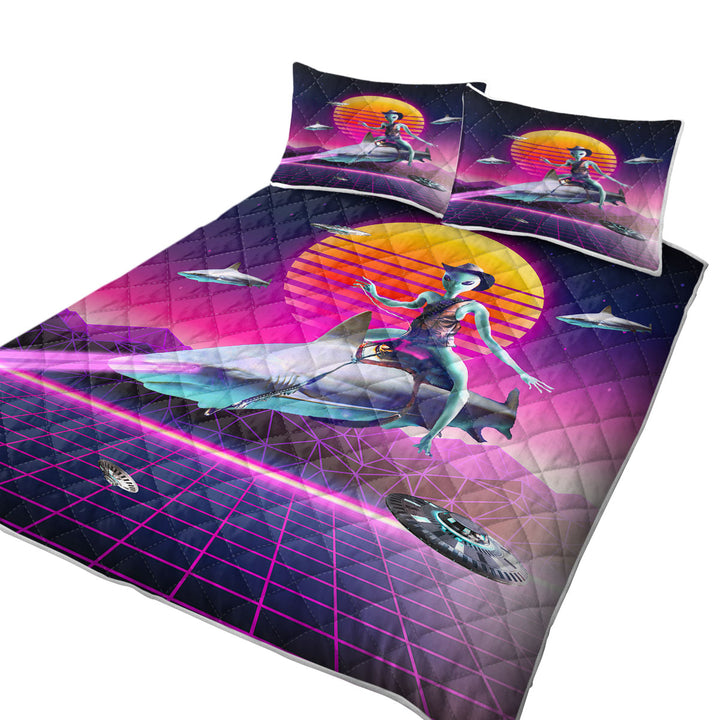 Funny Fiction Art Cowboy Space Alien Riding Shark Twin Quilt