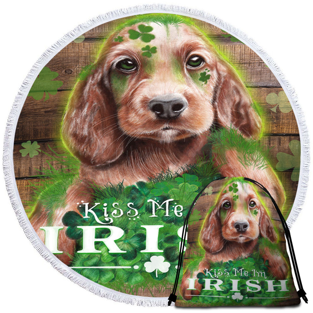 Funny Green Clover Kiss me I_m Irish Puppy Circle Beach Towel