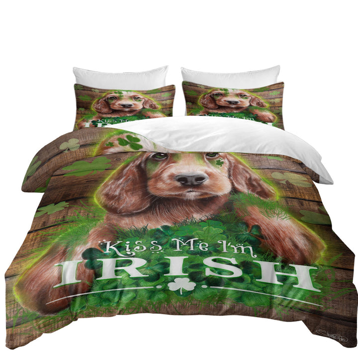 Funny Green Clover Kiss me I_m Irish Puppy Duvet Cover