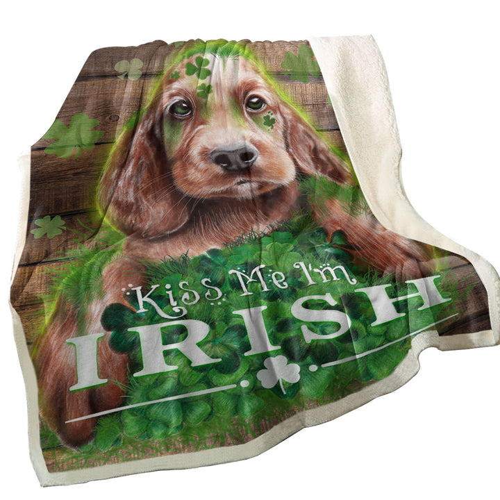 Funny Green Clover Kiss me I_m Irish Puppy Fleece Blankets