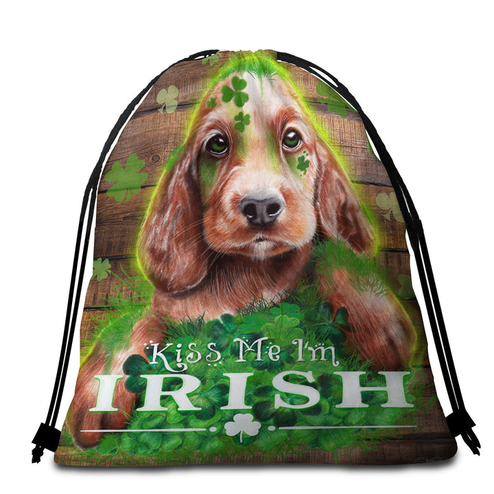 Funny Green Clover Kiss me I_m Irish Puppy Packable Beach Towel