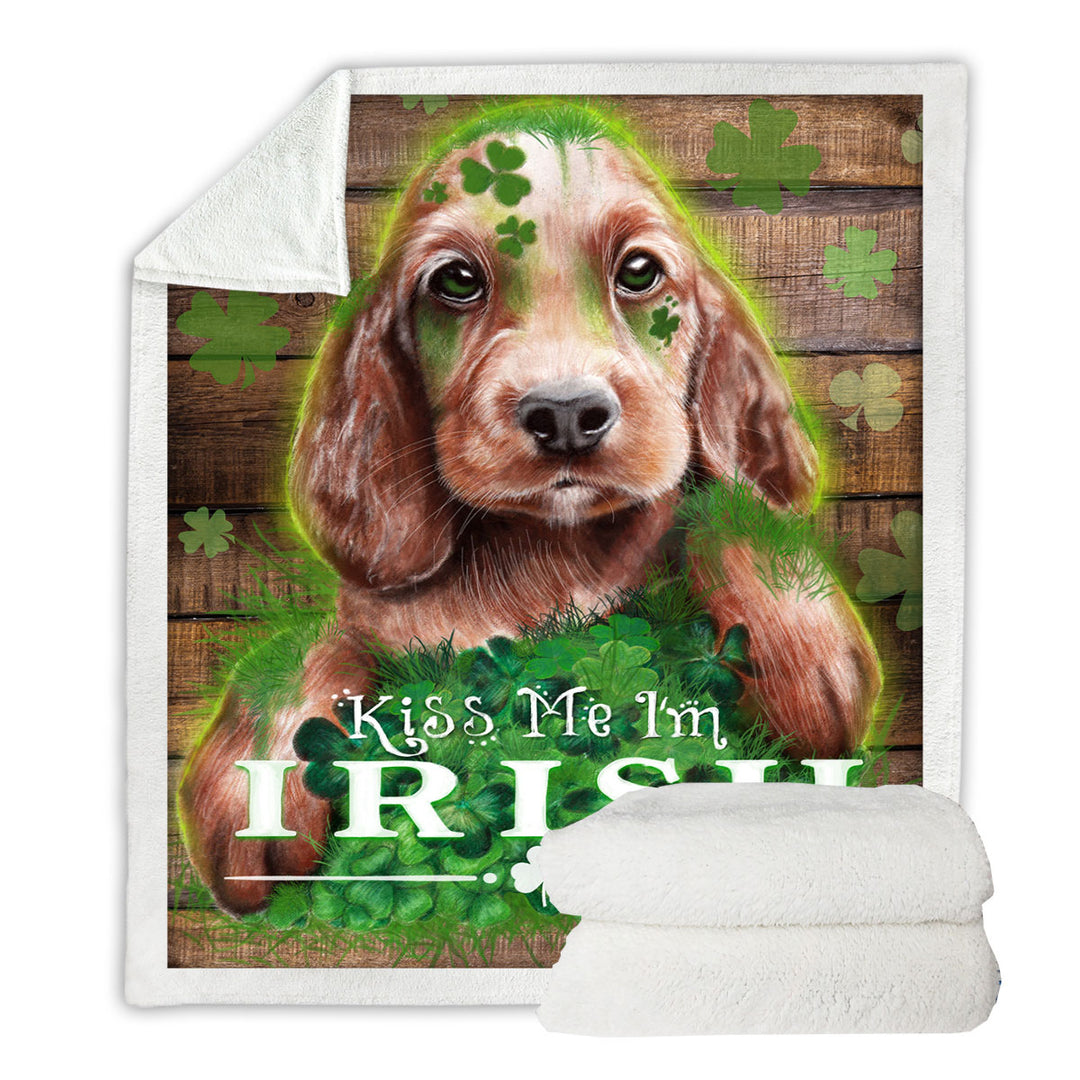 Funny Green Clover Kiss me I_m Irish Puppy Sherpa Blanket