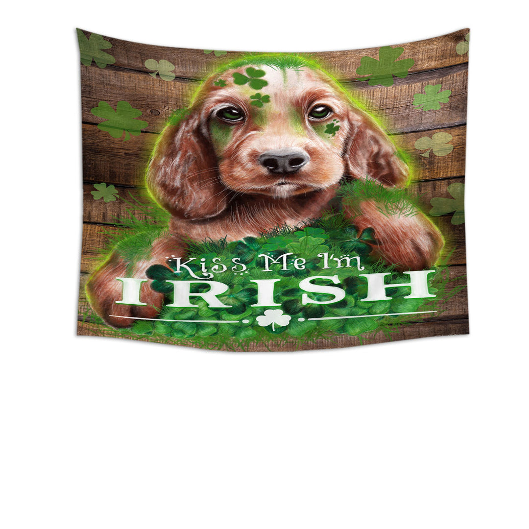 Funny Green Clover Kiss me I_m Irish Puppy Tapestry