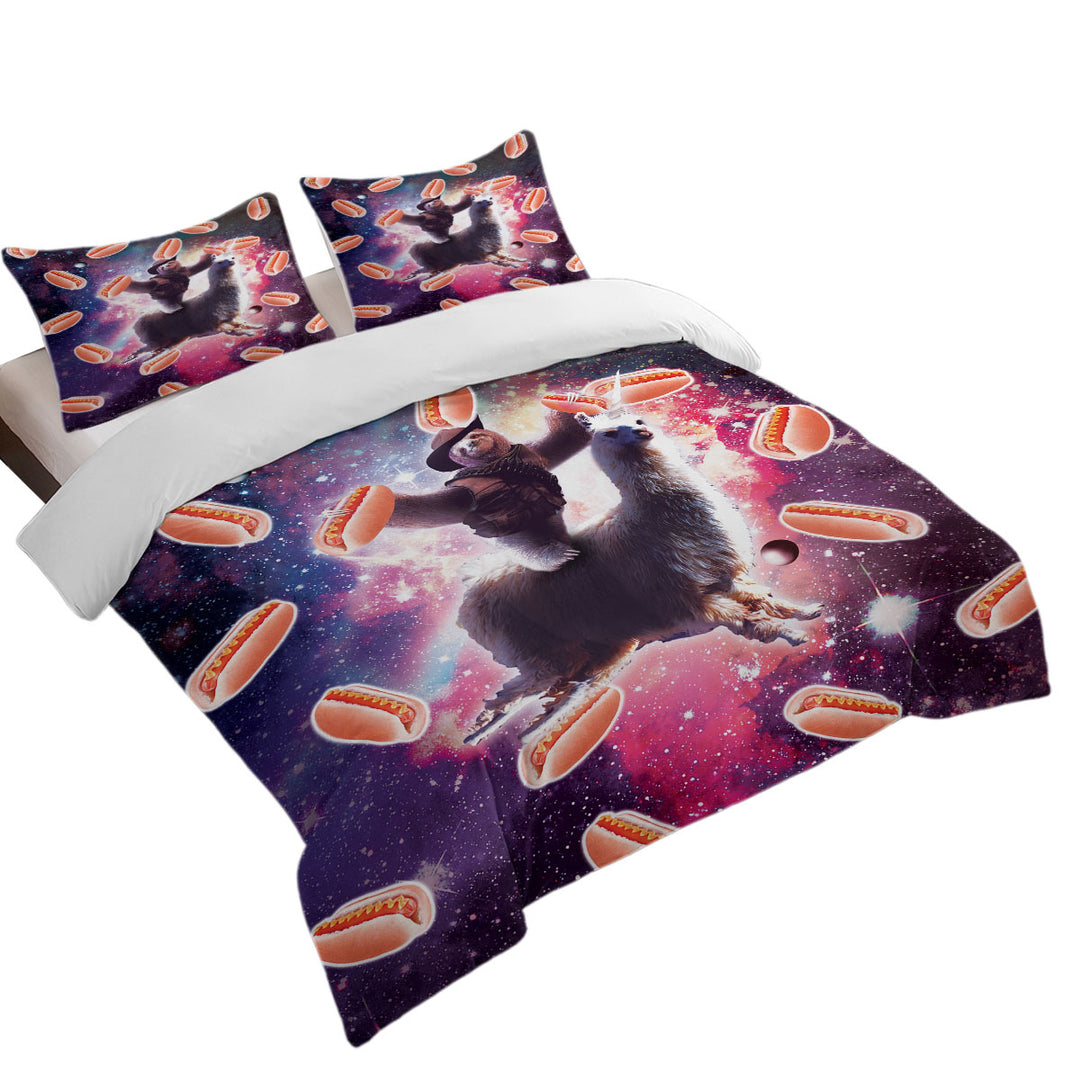 Funny Hot Dogs Space Cowboy Sloth on Llama Unicorn Duvet Cover