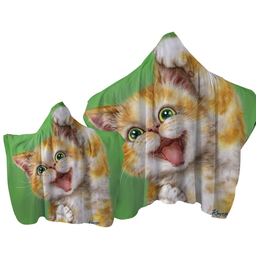 Funny Kittens Joyful Ginger Kitty Cat over Green Hooded Beach Towel