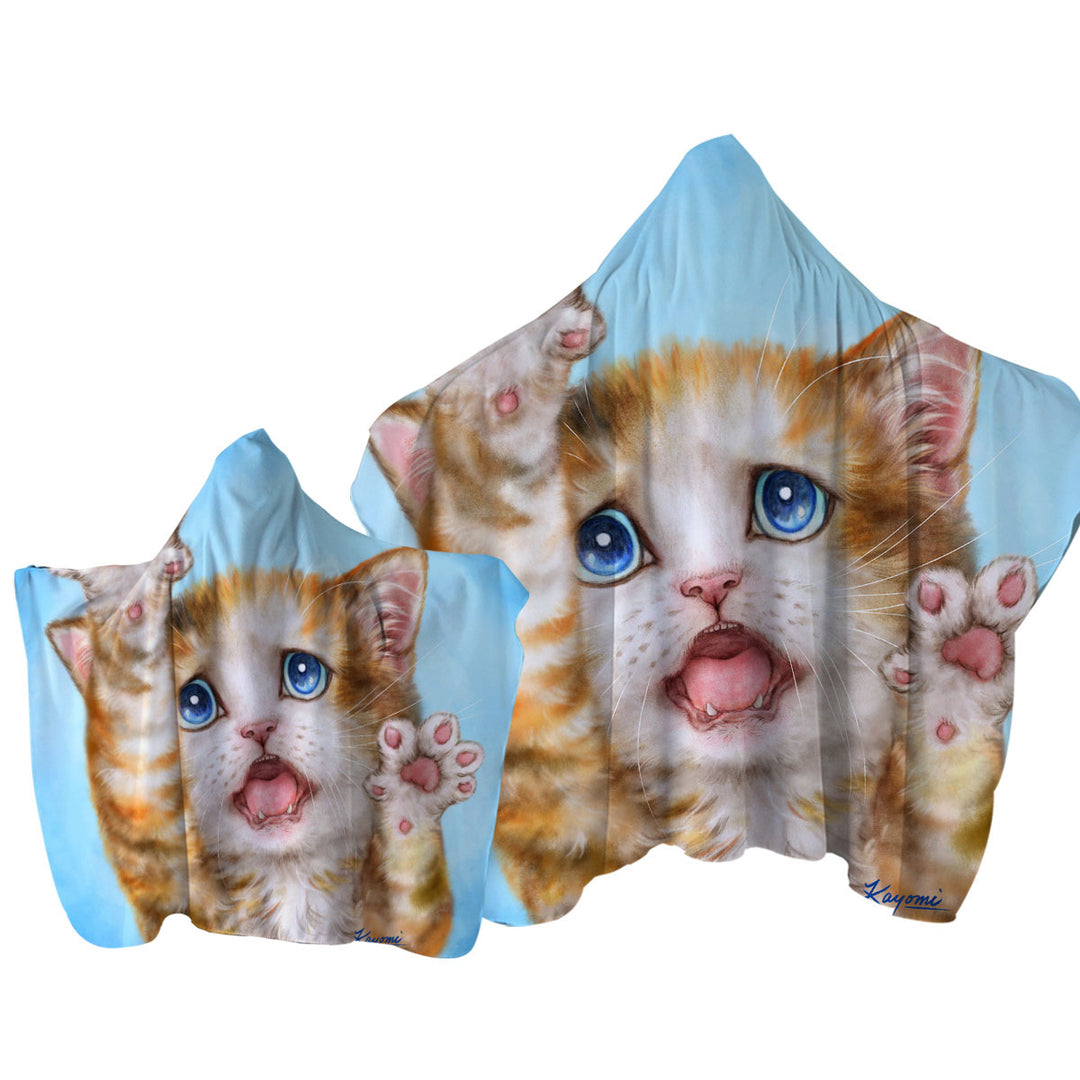 Funny Kittens Stressed Ginger Kitty Cat over Blue Hooded Beach Towel