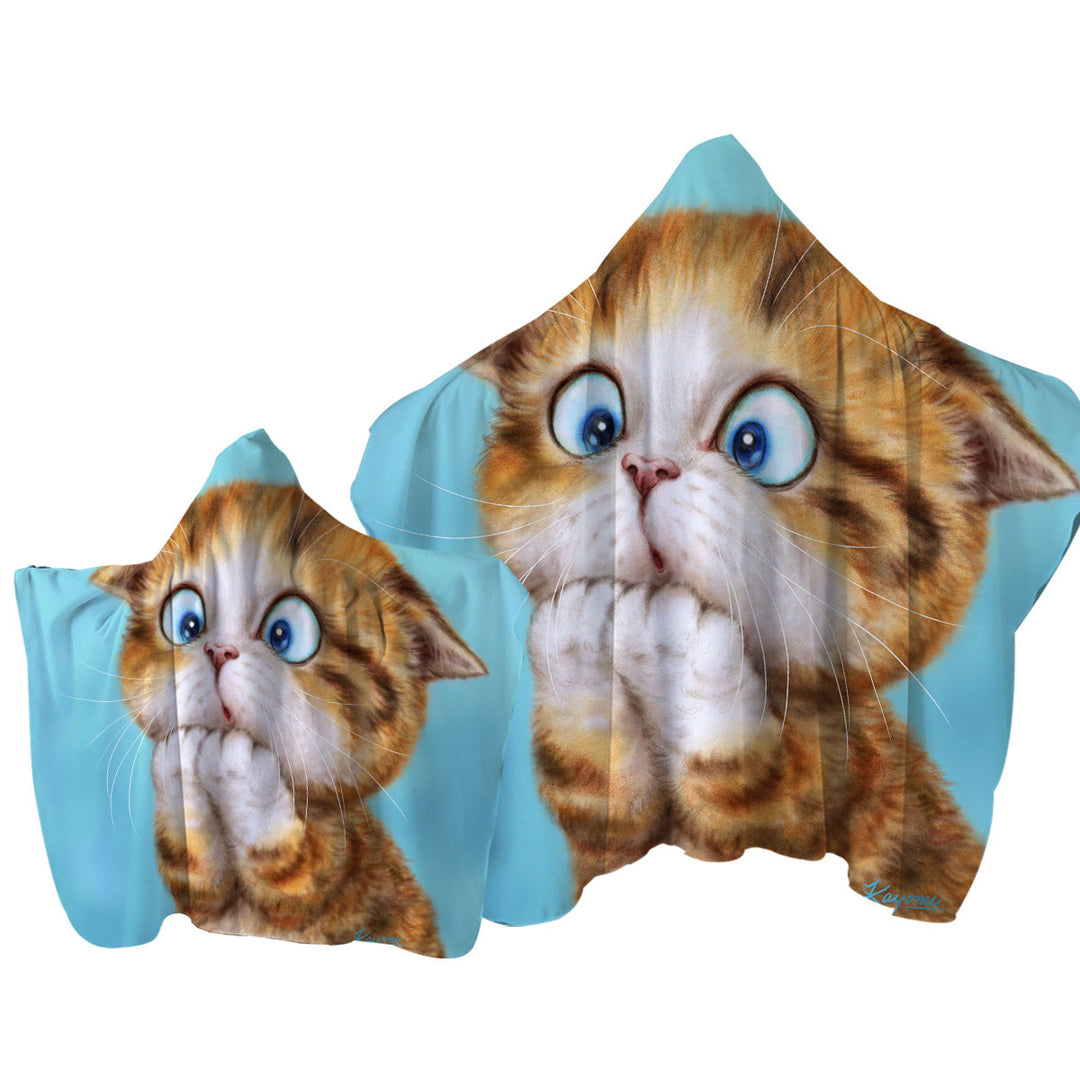 Funny Kittens Worried Ginger Kitty Cat over Blue Towel with Hood