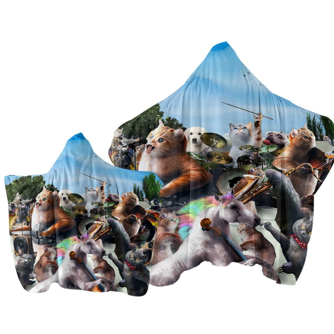 Funny Orchestra Concert Unicorn and Cats Towel with Hood