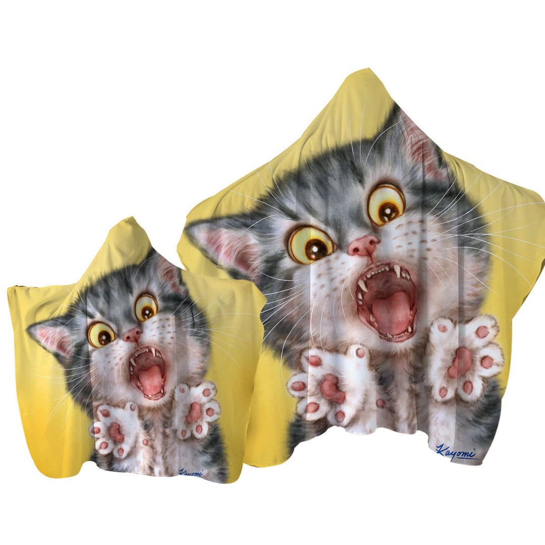 Funny Painted Cats Screaming Grey Kitten Hooded Beach Towel