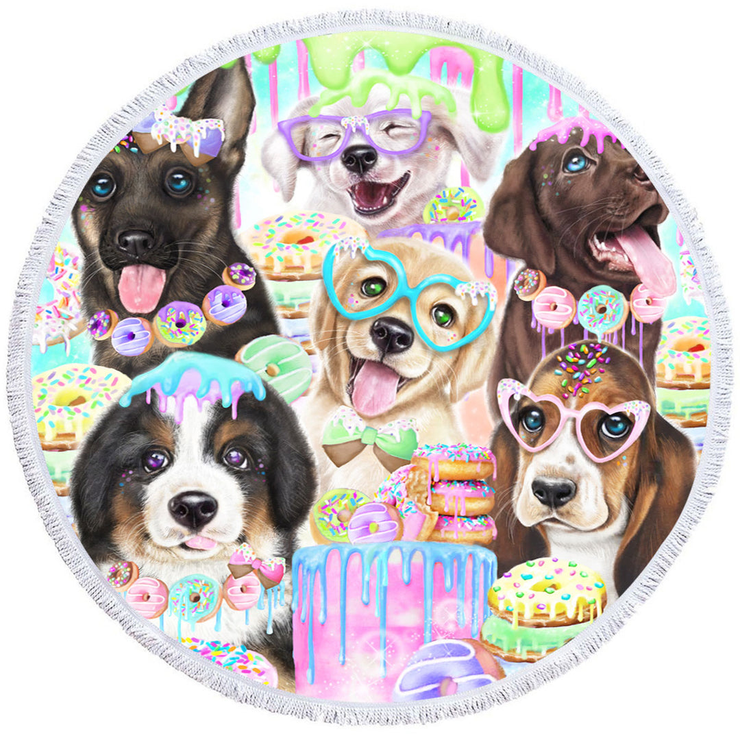 Funny Round Beach Towel Dog Colorful Doggies and Donuts