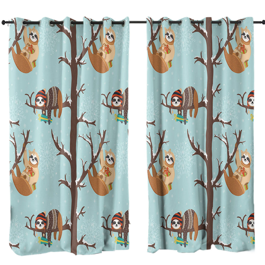 Funny Wintery Sloths Curtains for Bedroom