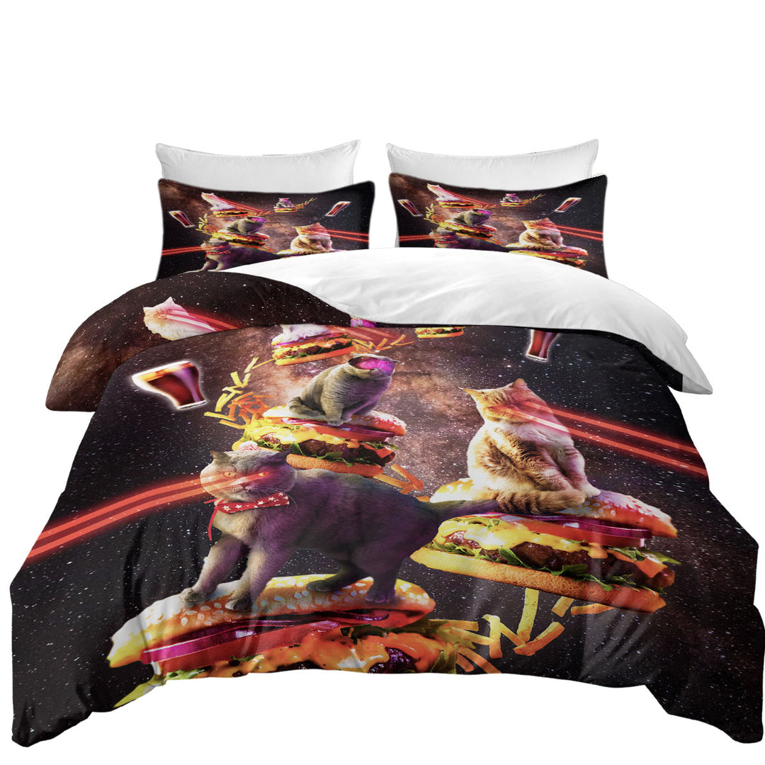 Funny and Cool Galaxy Cat on Cheeseburger Queen Size Duvet Cover