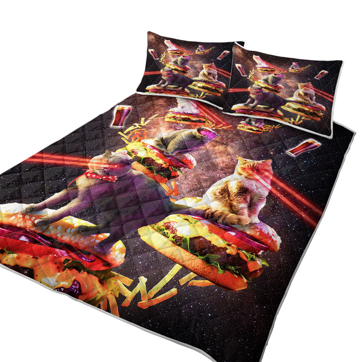 Funny and Cool Galaxy Cat on Cheeseburger Quilt