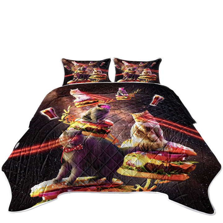 Funny and Cool Galaxy Cat on Cheeseburger Twin Quilt