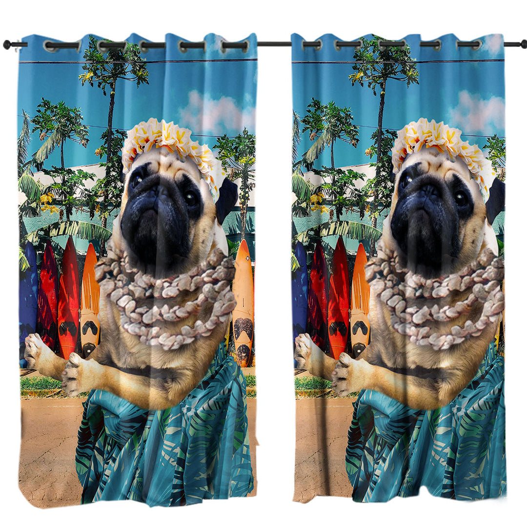 Funny and Cute Aloha Girl Pug Dog in Hawaii Curtains