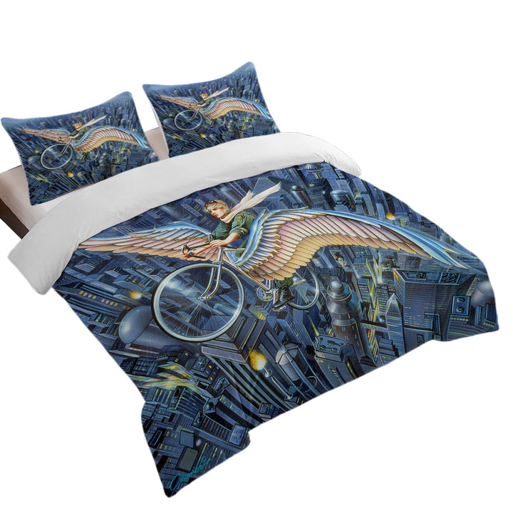 Future Icarus Bicycle Wings above the City Duvet Cover