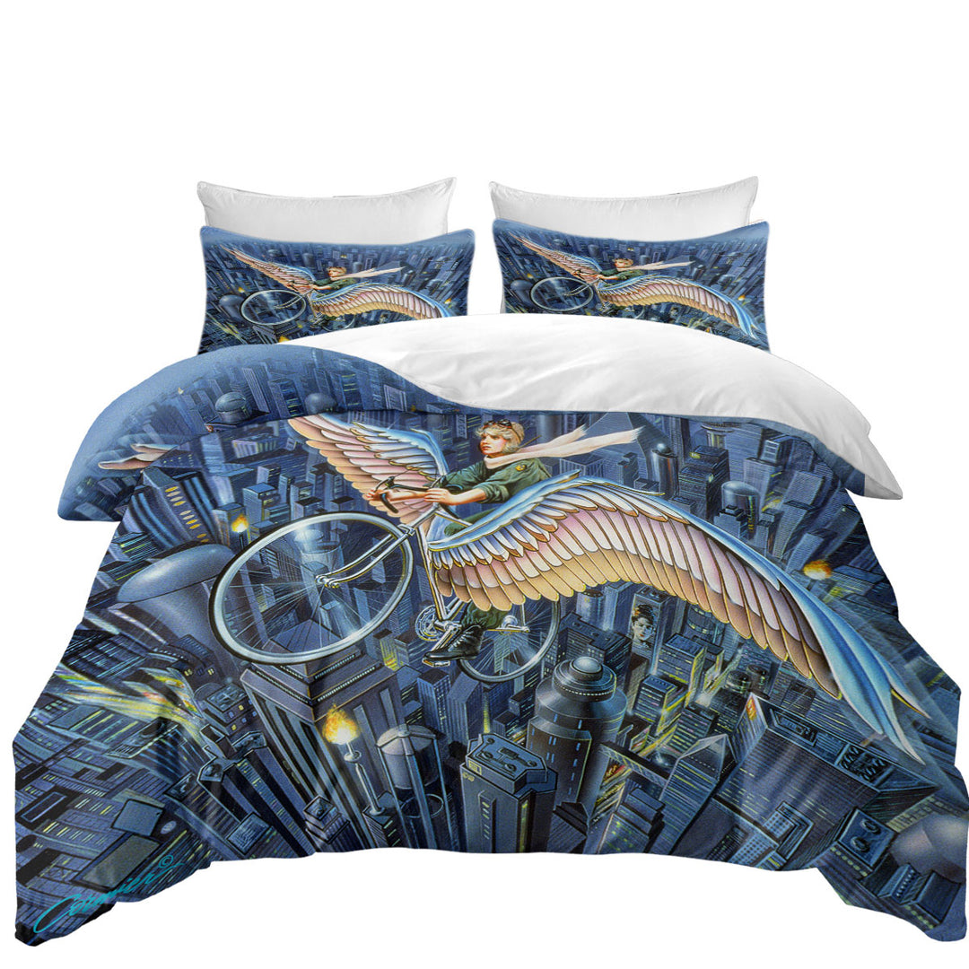 Future Icarus Bicycle Wings above the City Oversized King Duvet Cover