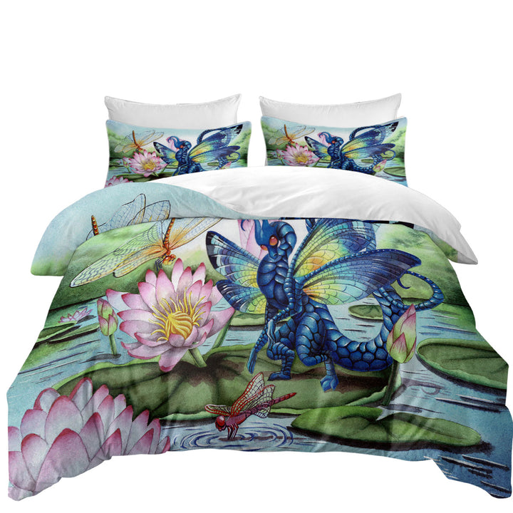 Giant Water Lilies Dragonflies and Dragon King Size Duvet Cover