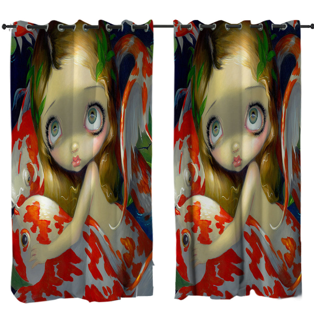 Girl Mermaid Amongst The Koi Fish Curtain