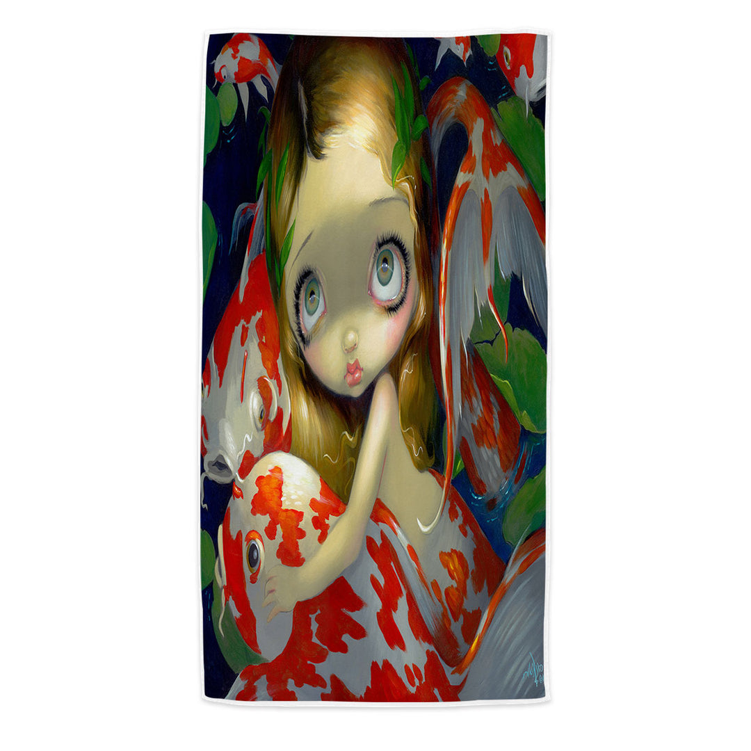 Girl Mermaid Amongst The Koi Fish Microfiber Beach Towel