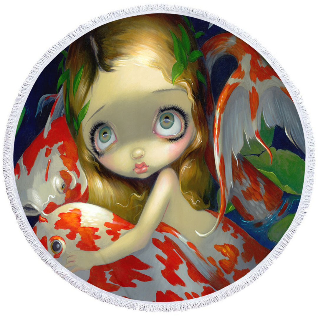 Girl Mermaid Amongst The Koi Fish Round Beach Towel