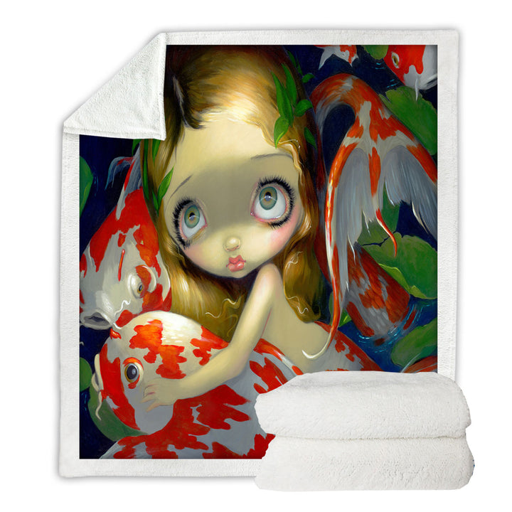 Girl Mermaid Amongst The Koi Fish Sherpa Blanket