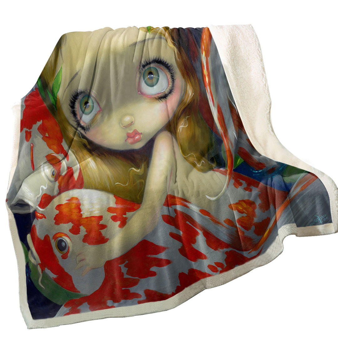 Girl Mermaid Amongst The Koi Fish Throw Blanket