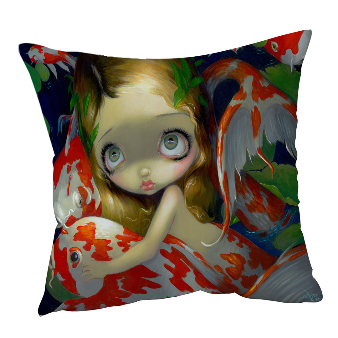 Girl Mermaid Amongst The Koi Fish Throw Pillows