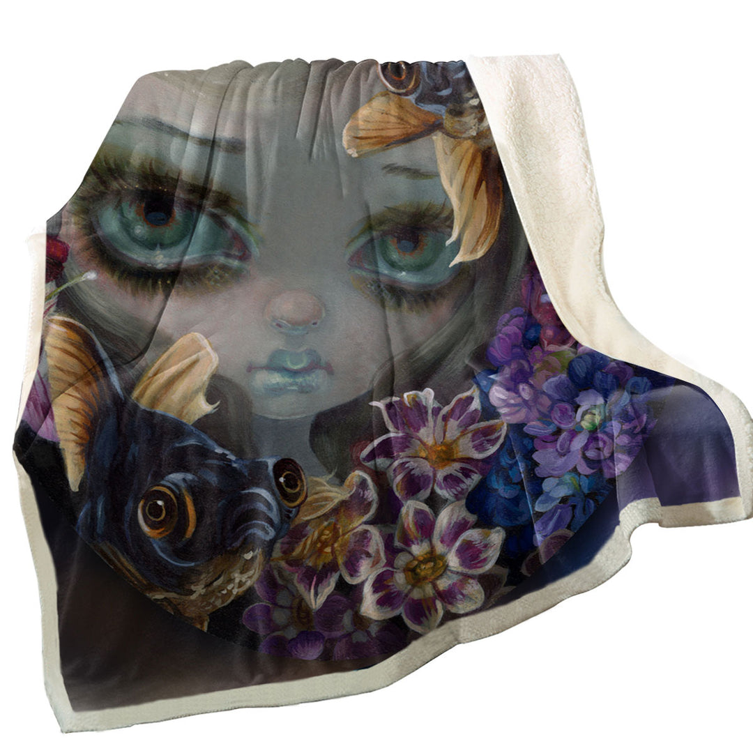 Girl and Fish Black Moor Sherpa Blanket